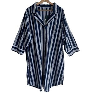NWT Ralph Lauren Blue White Striped Cotton Button Down Nightshirt Logo Size 2X
